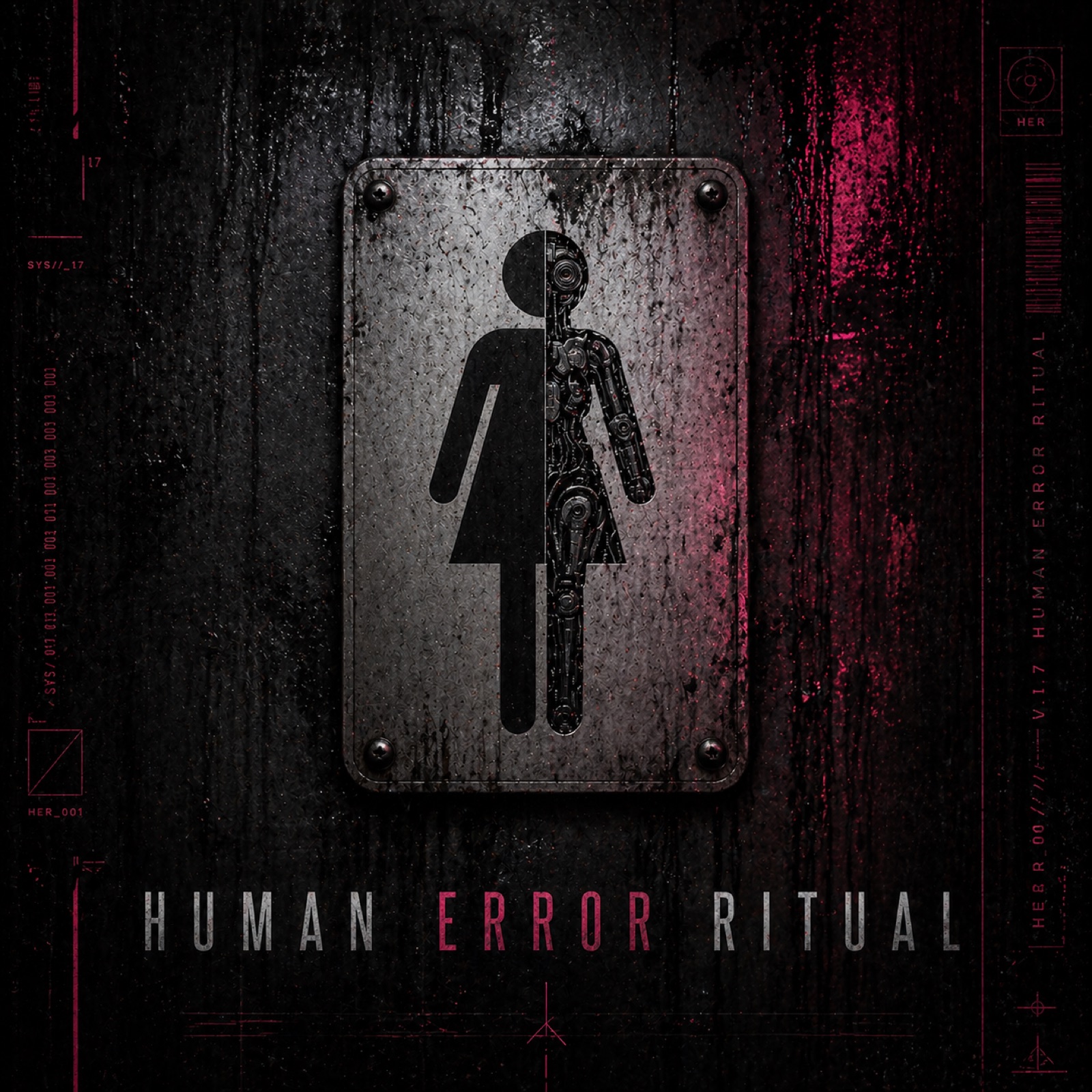 Human Error Ritual — a restroom-style figure split down the middle into human and biomechanical halves, mounted on a wet steel plate.
